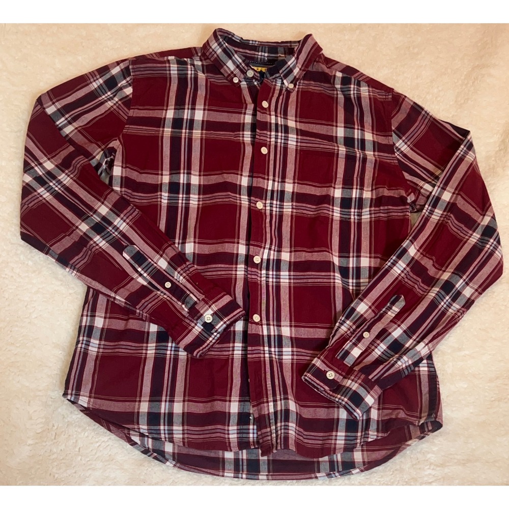 Prince & Fox Mens Medium Plaid Button Down Shirt Burgundy Navy Blue Cotton